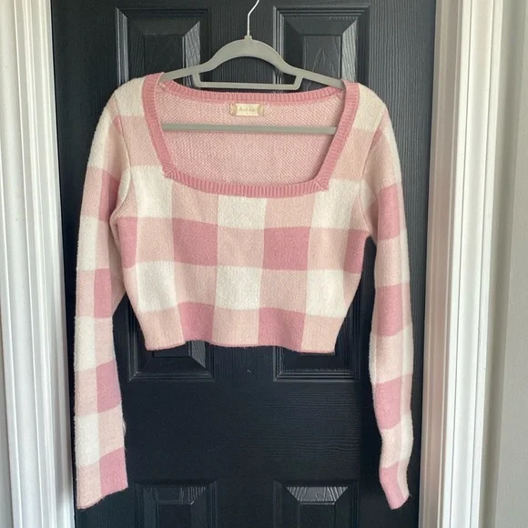 ALTAR’D State Pink Plaid Crop Sweater-Size L - Picture 1 of 5